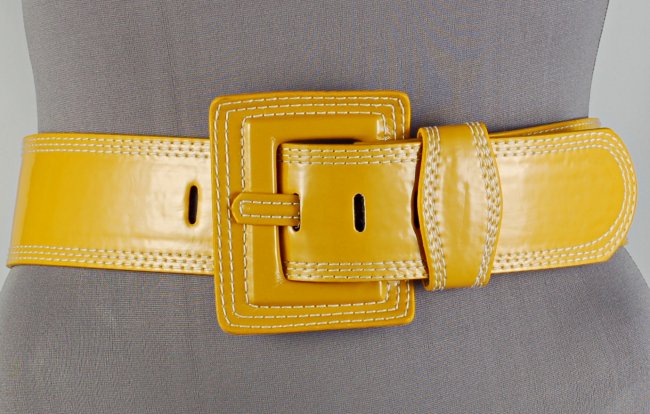 wide yellow vinyl fashion belt with big square buckle