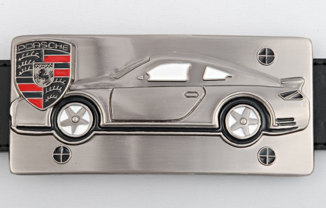 Porsche emblem and race car silhouette on belt buckle