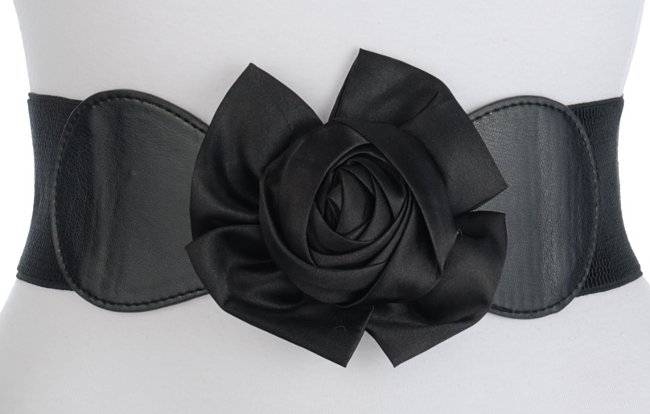 satin black rose buckle high waist stretch belt