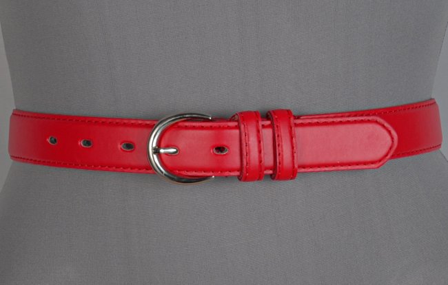 red leather belt with single stitched edge and double loop, nickel horseshoe buckle