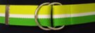 1-1/2" wide burnished D-ring web belt, two-tone green with white  center band, nickel polish D-rings and tab