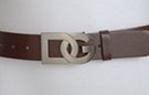 DG buckle on brown belt strap