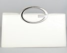 white double "G" handle hardside dress purse, zipper top with detachable shoulder strap
