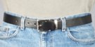 black 1-1/4" cut leather strap belt, 2" nickel polish buckle, nickel polish retainer with embossed "TOMMY"