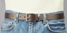 brown 1-1/4" cut leather strap belt, 2" nickel polish buckle, nickel polish retainer with embossed "TOMMY"