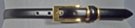 black 3/4" polished leather feather edge dress belt, extra-long rectangular gold-tone buckle, matching leather and double ring retainer