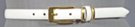 white 3/4" polished leather feather edge dress belt, extra-long rectangular gold-tone buckle, matching leather and double ring retainer