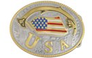 stars & stripes belt buckle, gold "USA" on confetti field