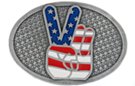 peace hand sign on western belt buckle in USA flag colors