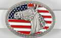 oval belt buckle, pewter horse head profile over stars and stripes