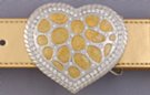 heart-shaped belt buckle, inlayed gold stones and clear rhinestones