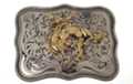 nickel and brass bustin' bronco belt buckle, swirled field and rope edge