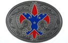 cajun style fleur-de-lis western belt buckle in red and blue