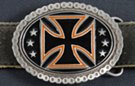 oval belt buckle with black and orange iron cross on black enamel and rimmed with motorcycle chain