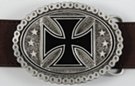 oval belt buckle with black iron cross on scarified pewter and rimmed with motorcycle chain
