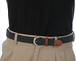gray and black stretch belt with black shirt and khakis