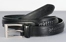 1-1/8" black casual/dress belt with ornamental center braiding on hip and raised bar along the back (also see detail photos for brown version); single stitched edge and keeper, 1-7/8" by 1-1/2" retangular nickel polish buckle