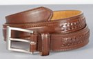 1-1/8" brown casual/dress belt with ornamental center braiding on hip and raised bar along the back (also see detail photos for black version); single stitched edge and keeper, 1-7/8" by 1-1/2" retangular nickel polish buckle