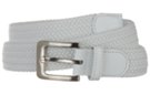 white stretch belt with silver buckle and split leather tabbing