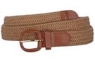 braided knitted elastic stretch belt, tan with tan leather tabs and buckle