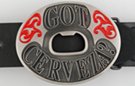 "Got Cerveza?" belt buckle with bottle top opener