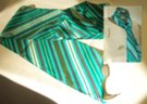 chiffon belt scarf with green, aqua and brown diagonal stripes, accents in umber, white and blue