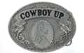 oval pebbled pewter and enamel "Cowboy Up" belt buckle