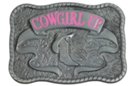 rectangular pewter and enamel Cowgirl Up belt buckle