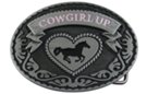 oval pewter and enamel Cowgirl Up belt buckle