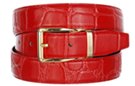 poppy red embossed dress belt with gold or nickel buckle