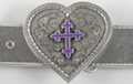 heart-shaped belt buckle with enameled violet fleur-de-lis cross in center