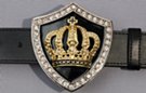 belt buckle, gold crown on black shield, edged by rhinestones