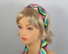 violet-based multi-colored lattice pattern headscarf attached to plastic headband