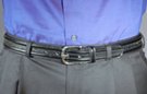 1-1/8" black leather casual dress belt, distressed center with raised tubing on either side secured by single stitching; 1-1/2" by 1-1/2" nickel polish buckle with single loop keeper