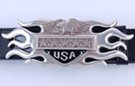 eagle, stars and flames "USA" belt buckle, nickel polish and black enamel