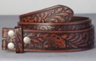 western scrollwork embossed brown leather belt strap