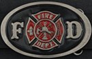 black and red oval Fire Department belt buckle with Maltese cross