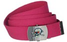 skull and crossbones buckle on fuchsia web belt