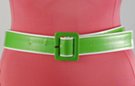 medium width green vinyl belt with center bar buckle and white border