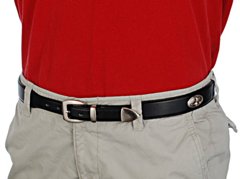 black concho leather belt with red shirt and khakis