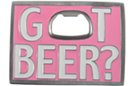 pink "Got Beer?" belt buckle with opener