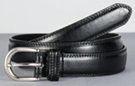 medium width double stitch leather dress belt, nickel polish U-bolt buckle with leather keeper