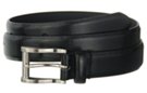 black feather edge leather dress belt with grain finish, rectangular nickel polish buckle and leather keeper