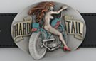 oval painted pewter "Hard Tail" motorcyle belt buckle with naked red-head