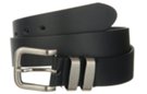 big black 1-1/2" cut leather strap belt with nickel polish buckle and double 1/2" nickel brush retainer loops