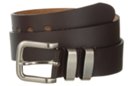 big brown 1-1/2" cut leather strap belt with nickel polish buckle and double 1/2" nickel brush retainer loops
