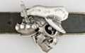 belt buckle, skull with hat, dagger and brass knuckles