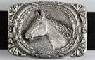 rectangular belt buckle with horse head and mane in profile with fancy rope border