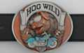 circular painted pewter "Hog Wild" motorcycle belt buckle with hogs head