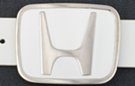 enameled belt buckle, Honda "H" in chrome on white